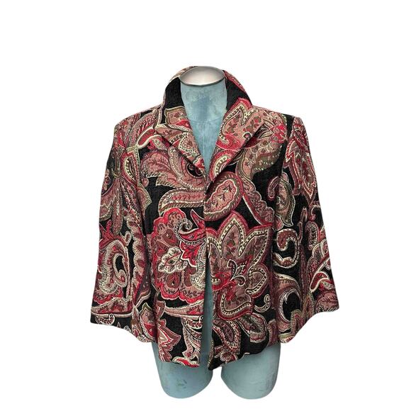 Harvé Benard Paisley Kimono Jacket Size 14 Red Black Jacquard Open Front Boho - Picture 1 of 7